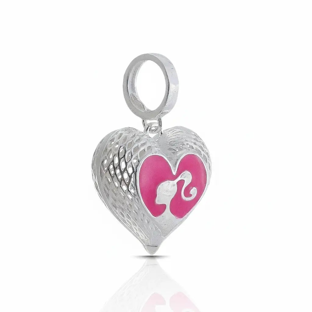 Berloque coração prata 925 com detalhe rosa Barbie, joia delicada e estilosa para pulseiras