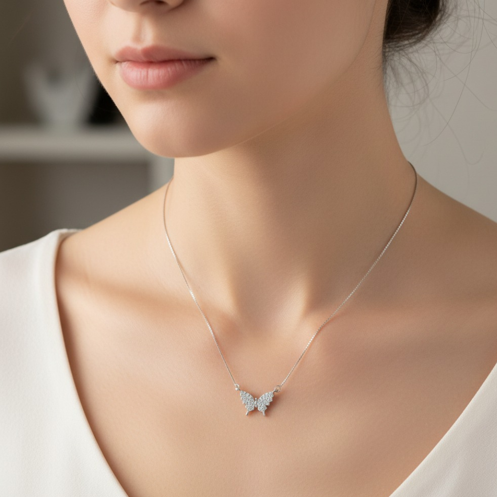 Colar de Prata 925 Feminino Borboleta Cravejada 2