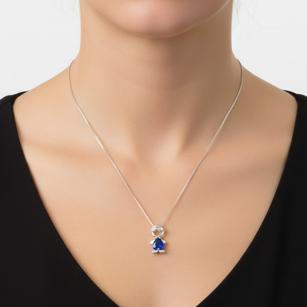 Colar de Prata 925 Pingente Menino com Pedra Azul