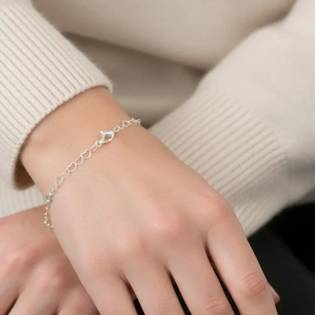 Pulseira de Prata 925 Elos de Coração Feminina