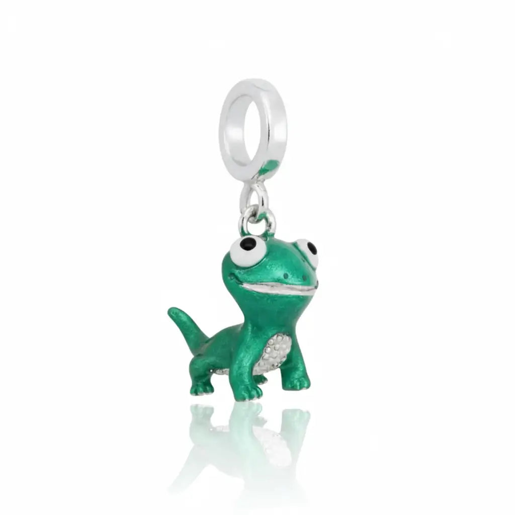 Berloque Bruni da Disney em prata 925 esmaltado verde com olhos grandes, detalhe cravejado e fundo branco