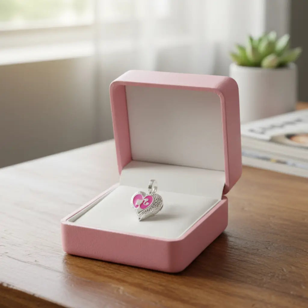 Pingente Barbie prata 925 em formato de coração na caixa de presente rosa para datas especiais