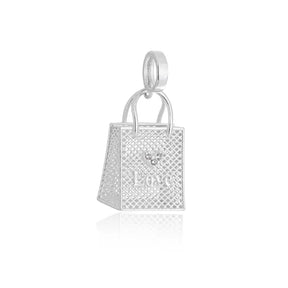 Pingente bolsa Love em prata 925 com detalhe de coração, estilo fashionista delicado.