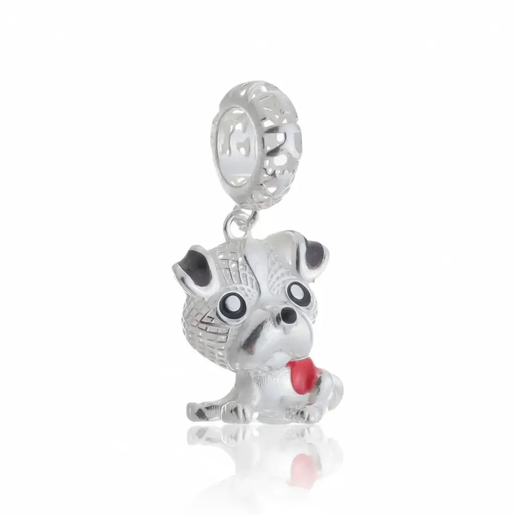 Berloque Pet Life Boxer em prata 925, charm delicado em formato de cachorro com detalhes esmaltados e coração vermelho.