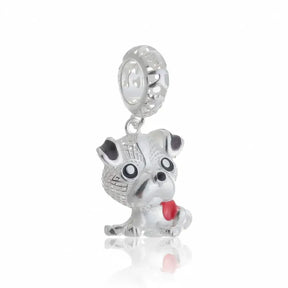 Berloque Pet Life Boxer em prata 925, charm delicado em formato de cachorro com detalhes esmaltados e coração vermelho.