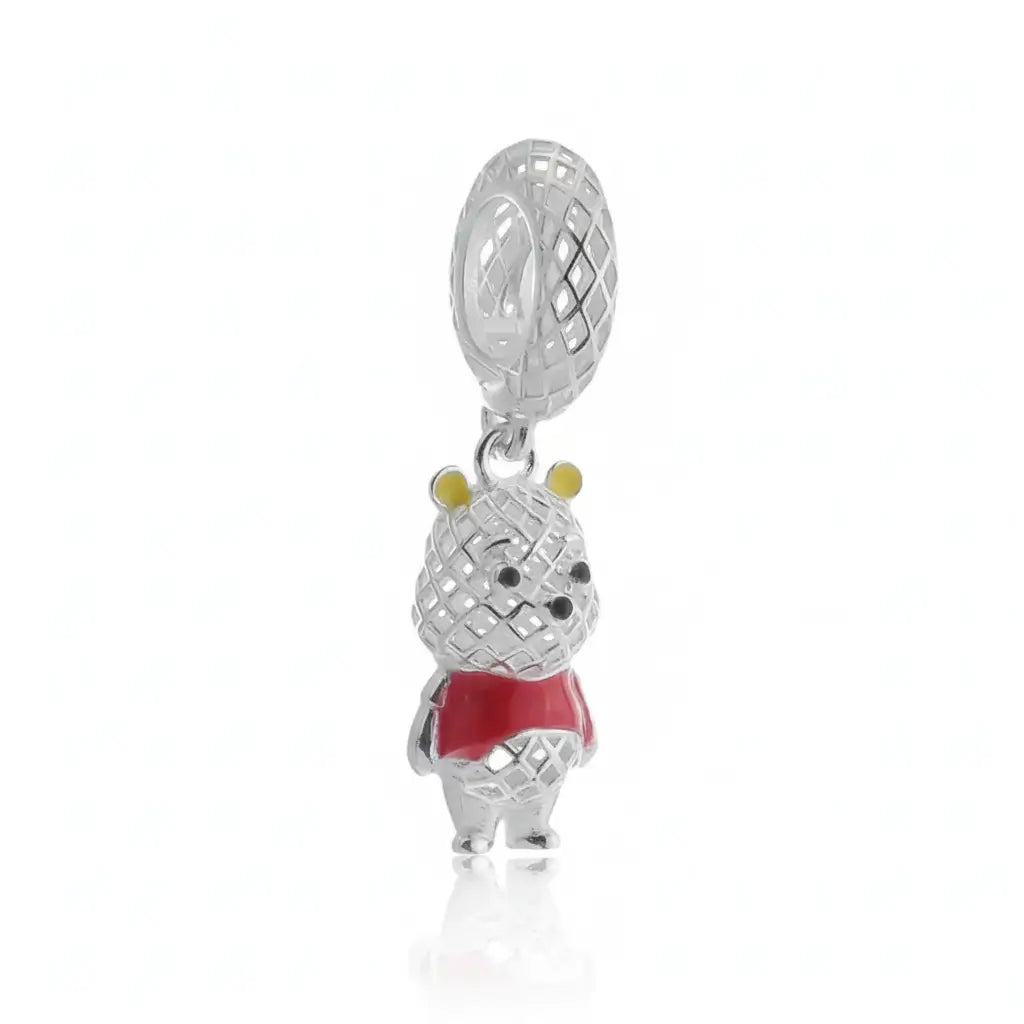 Berloque em Prata 925 do Ursinho Pooh 3D com malha vazada e detalhes em esmalte vermelho e amarelo.