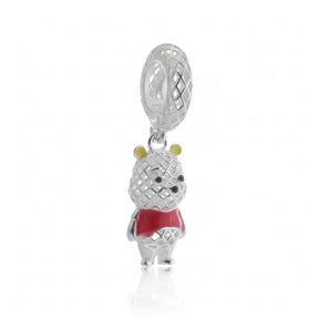 Berloque em Prata 925 do Ursinho Pooh 3D com malha vazada e detalhes em esmalte vermelho e amarelo.