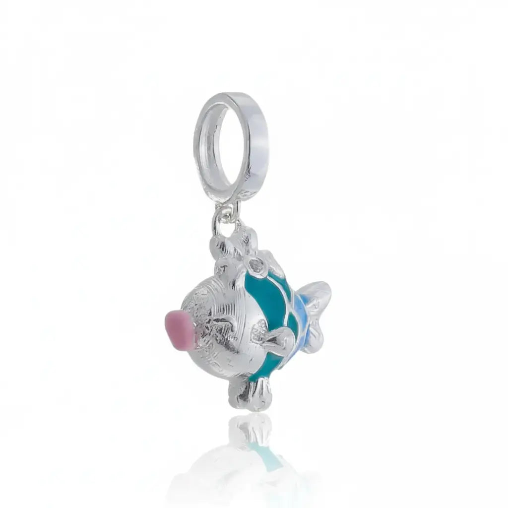 Berloque de peixe azul em Prata 925 com detalhes esmaltados e nariz rosa – estilo desenho animado