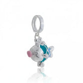 Berloque de peixe azul em Prata 925 com detalhes esmaltados e nariz rosa – estilo desenho animado