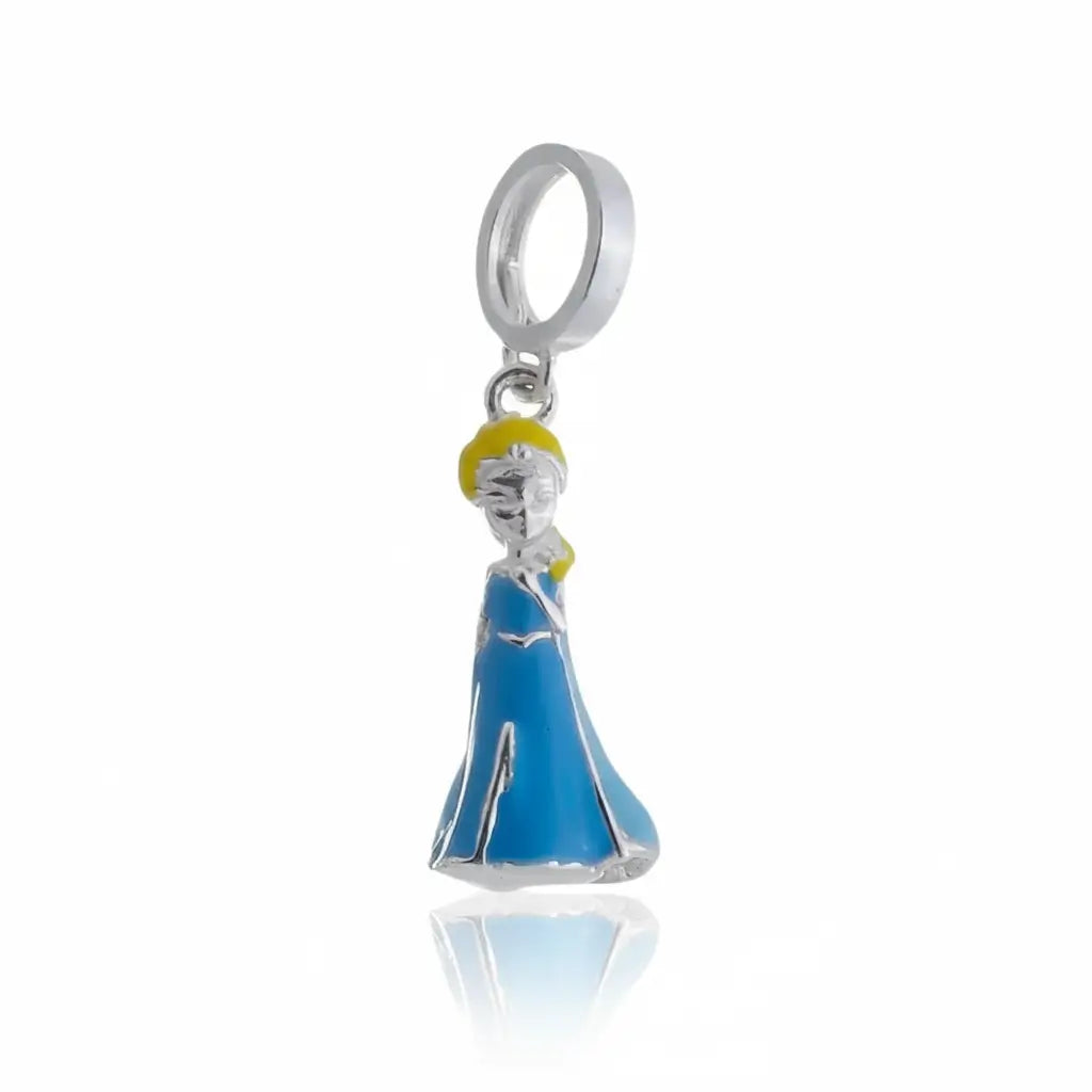 Berloque prata 925 com a personagem Elsa do Frozen em miniatura esmaltada azul e amarela, versão 3D.