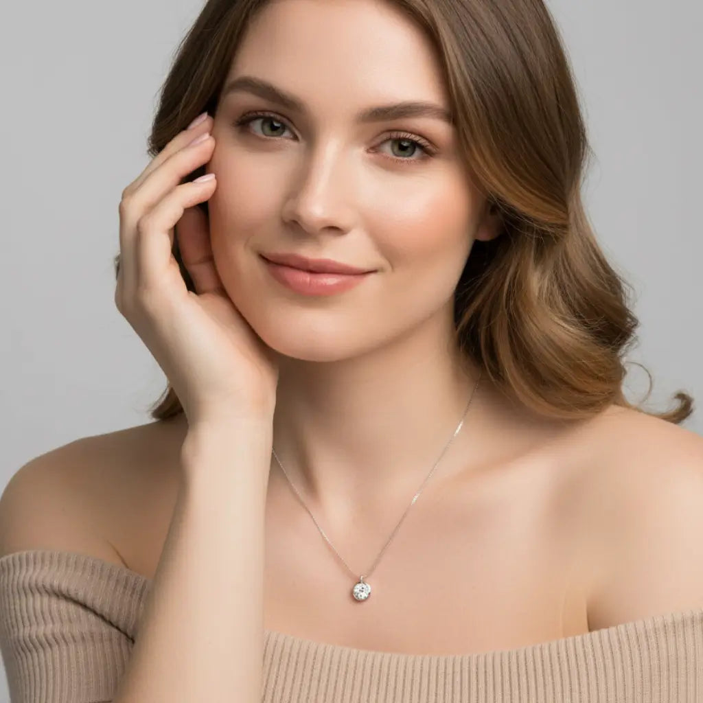 Modelo mulher usando colar ponto de luz prata 925