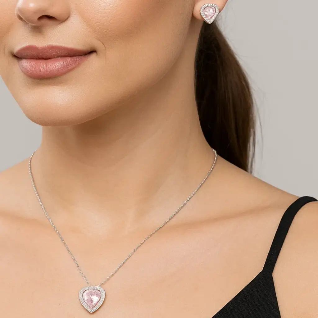 Conjunto_de_Brinco_e_Colar_Coracao_rosa e brinco