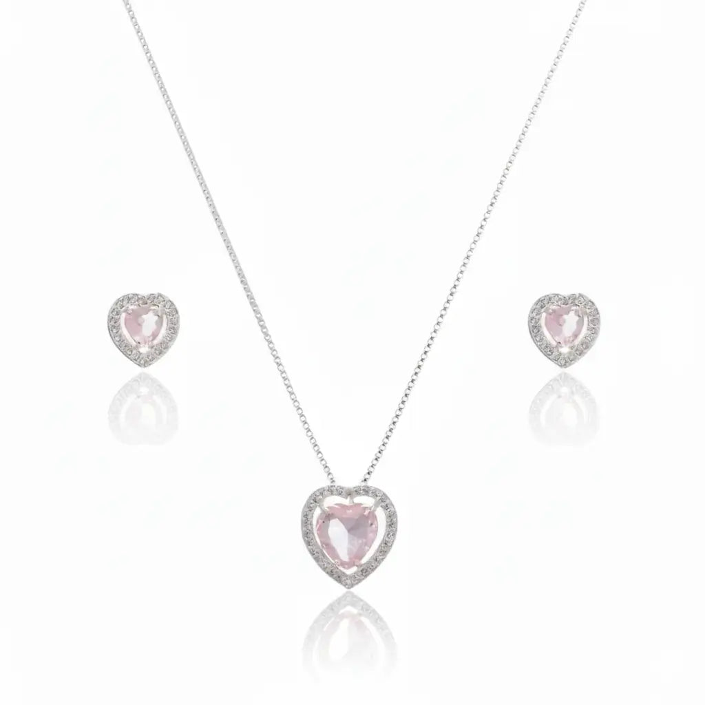 Conjunto colar e brincos em prata 925 com pedras rosa em formato de coração e zircônias cravejadas.