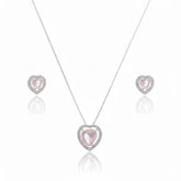 Conjunto colar e brincos em prata 925 com pedras rosa em formato de coração e zircônias cravejadas.