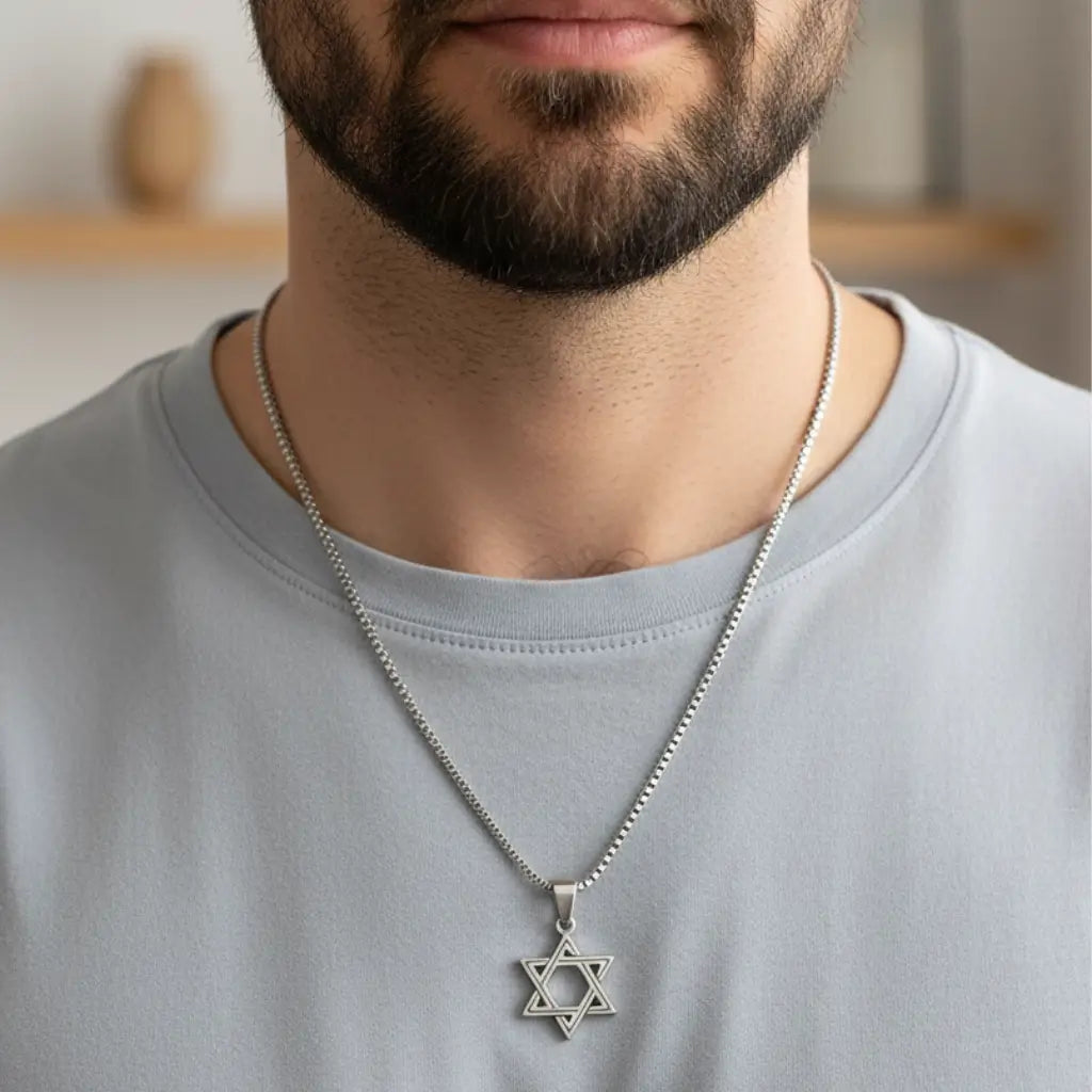 Colar masculino de aço inox com pingente estrela de seis pontas prateada, joia moderna casual