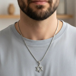 Colar masculino de aço inox com pingente estrela de seis pontas prateada, joia moderna casual