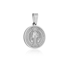 Pingente São Bento médio em aço inox prateado, medalha religiosa de fé e proteção