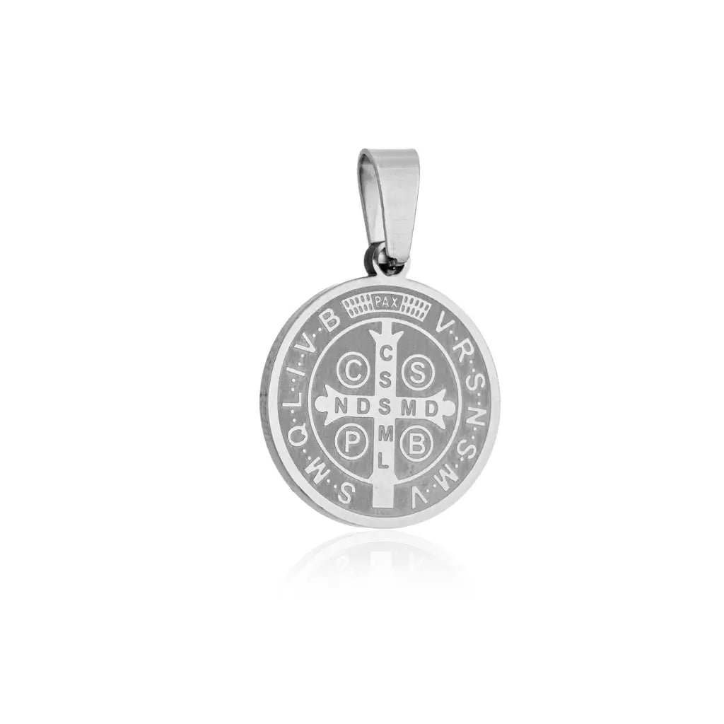 Pingente medalha São Bento médio em aço inox prateado com símbolos católicos de proteção