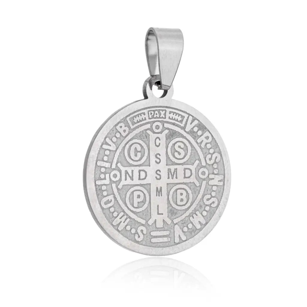 Pingente medalha São Bento grande em aço inox prateado com símbolos de fé e proteção