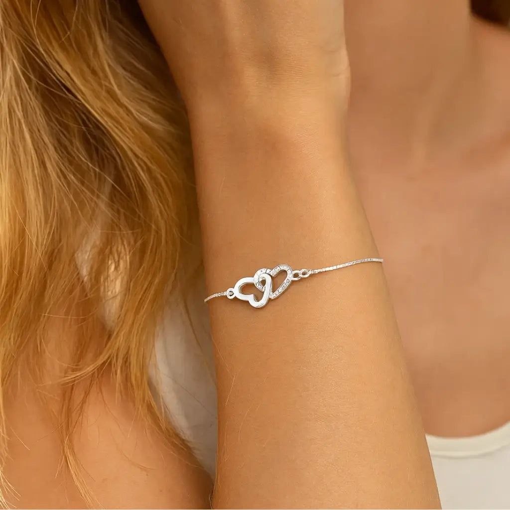 Pulseira de Prata 925 Coração Duplo Cravejado