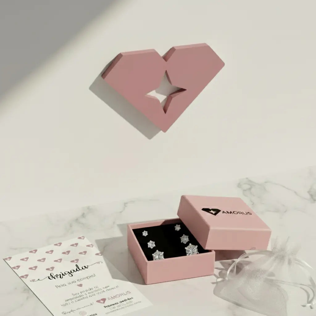 Kit de brincos ponto de luz em prata 925 na caixa rosa da Amorus, com cartão de agradecimento e saquinho de presente.