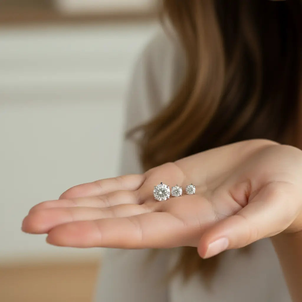 Trio de brincos ponto de luz prata 925 com zircônias, mostrado na mão para comparação de tamanhos.